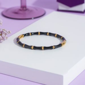 Black Bead Bracelet with Golden Accents