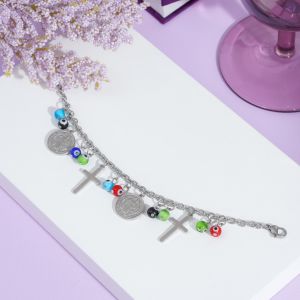 Silver Cross & Coin Charm Bracelet