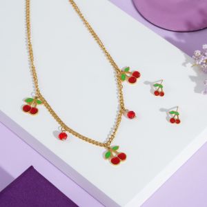 Cherry Drops Charm Necklace Set With Earring